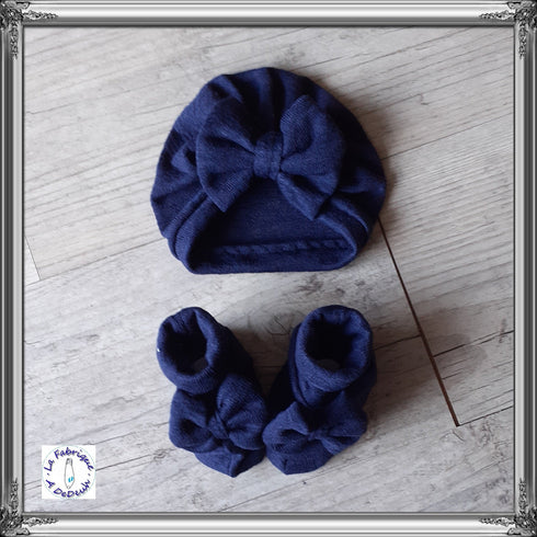 Ensemble Turban noeud + moufles + bandeau + chaussons assortis. tissu jersey de coton